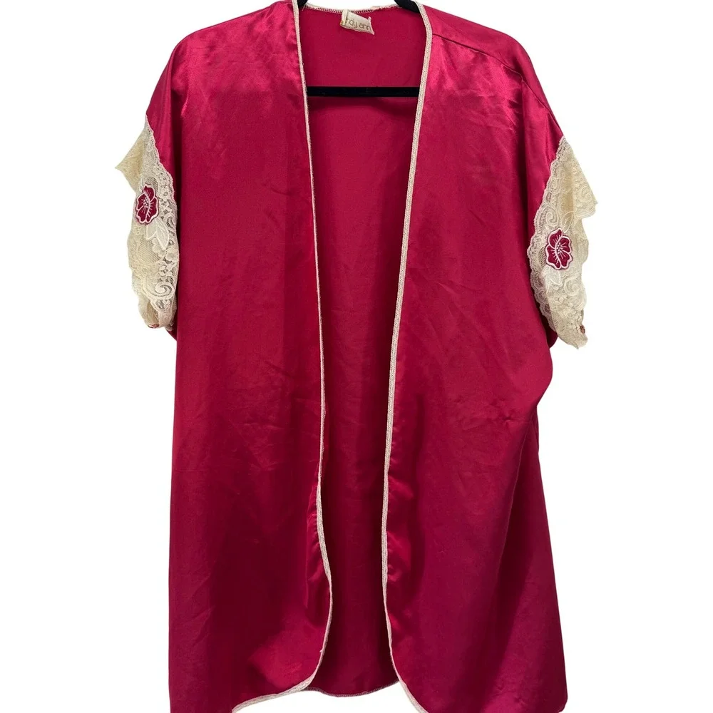Wendy Ann Women's M Red Lace Floral Kimono Robe Jacket Sheer Sleeve Boho Chic